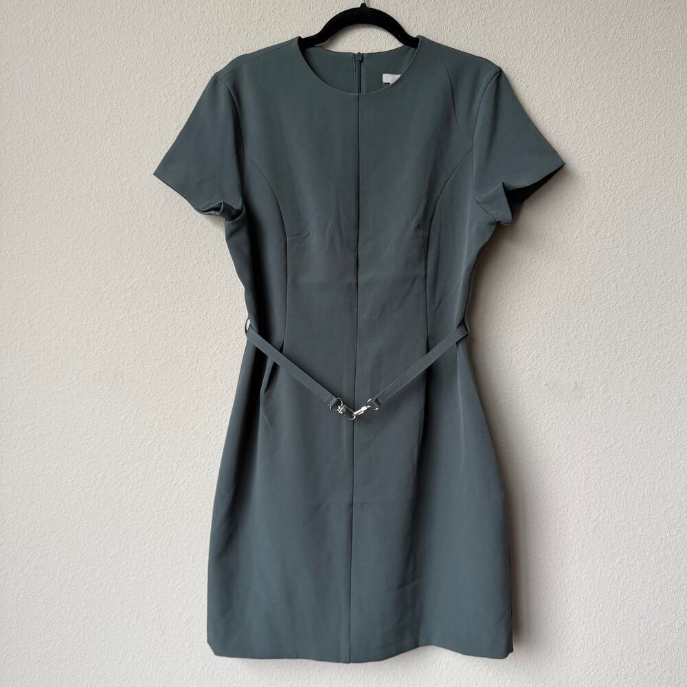 H&M Dark Sage Green Belted Mini Sheath Dress NWT NEW Size M